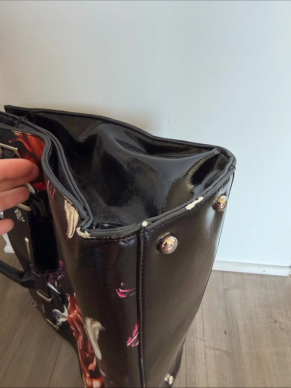 Nine West Black Floral Leather Tote Bag with Red Rose Print